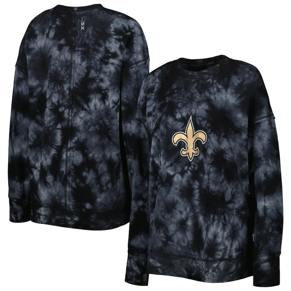 New Orleans Saints MSX by Michael Strahan Women's Bailey Tie-Dye Tri-Blend Pullover Sweatshirt - Black Pullover