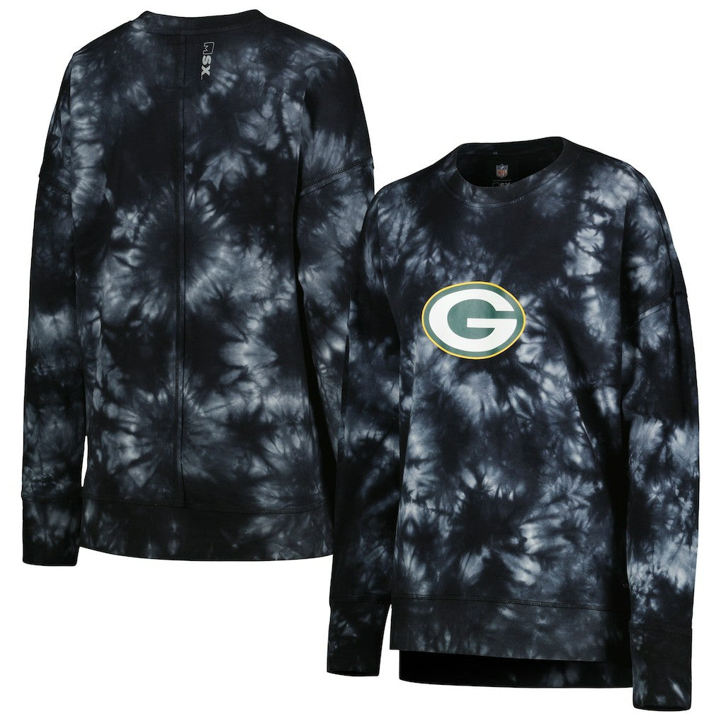 Green Bay Packers MSX by Michael Strahan Women's Bailey Tie-Dye Tri-Blend Pullover Sweatshirt - Black Pullover