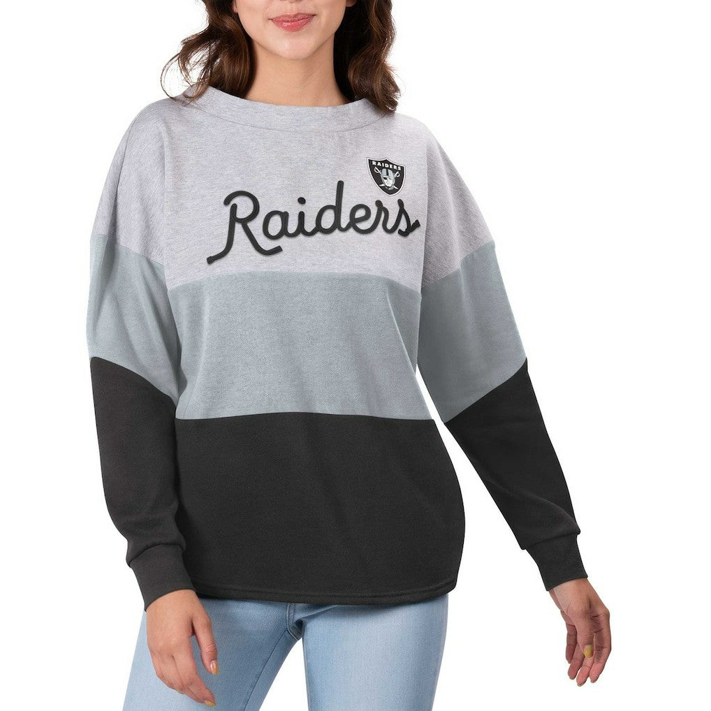 Las Vegas Raiders Touch Women's Outfield Deep V-Back Waist Length Pullover Sweatshirt - Heather Gray/Black Pullover