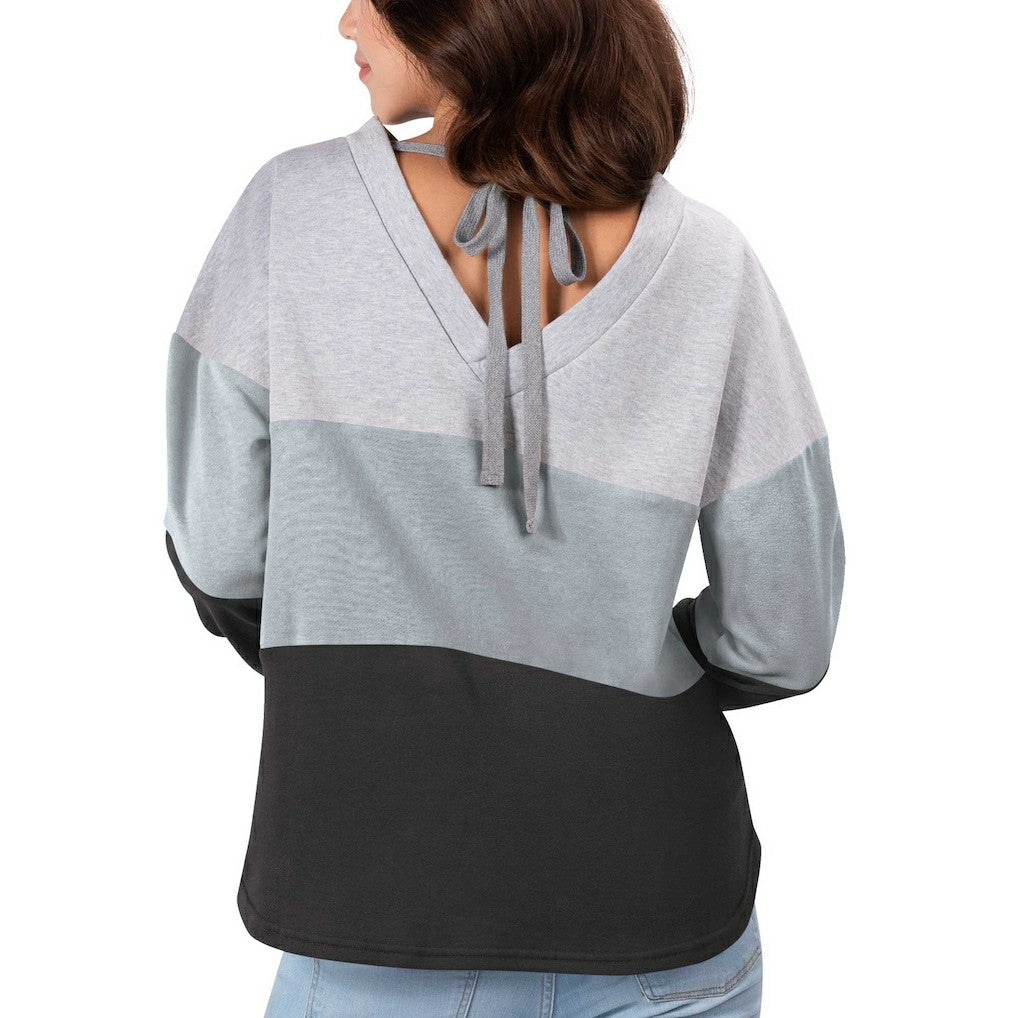 Las Vegas Raiders Touch Women's Outfield Deep V-Back Waist Length Pullover Sweatshirt - Heather Gray/Black Pullover
