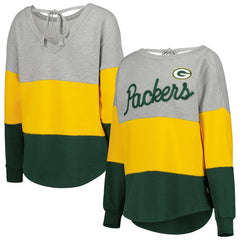 Green Bay Packers Touch Women's Outfield Deep V-Back Waist Length Pullover Sweatshirt - Heather Gray/Green Pullover