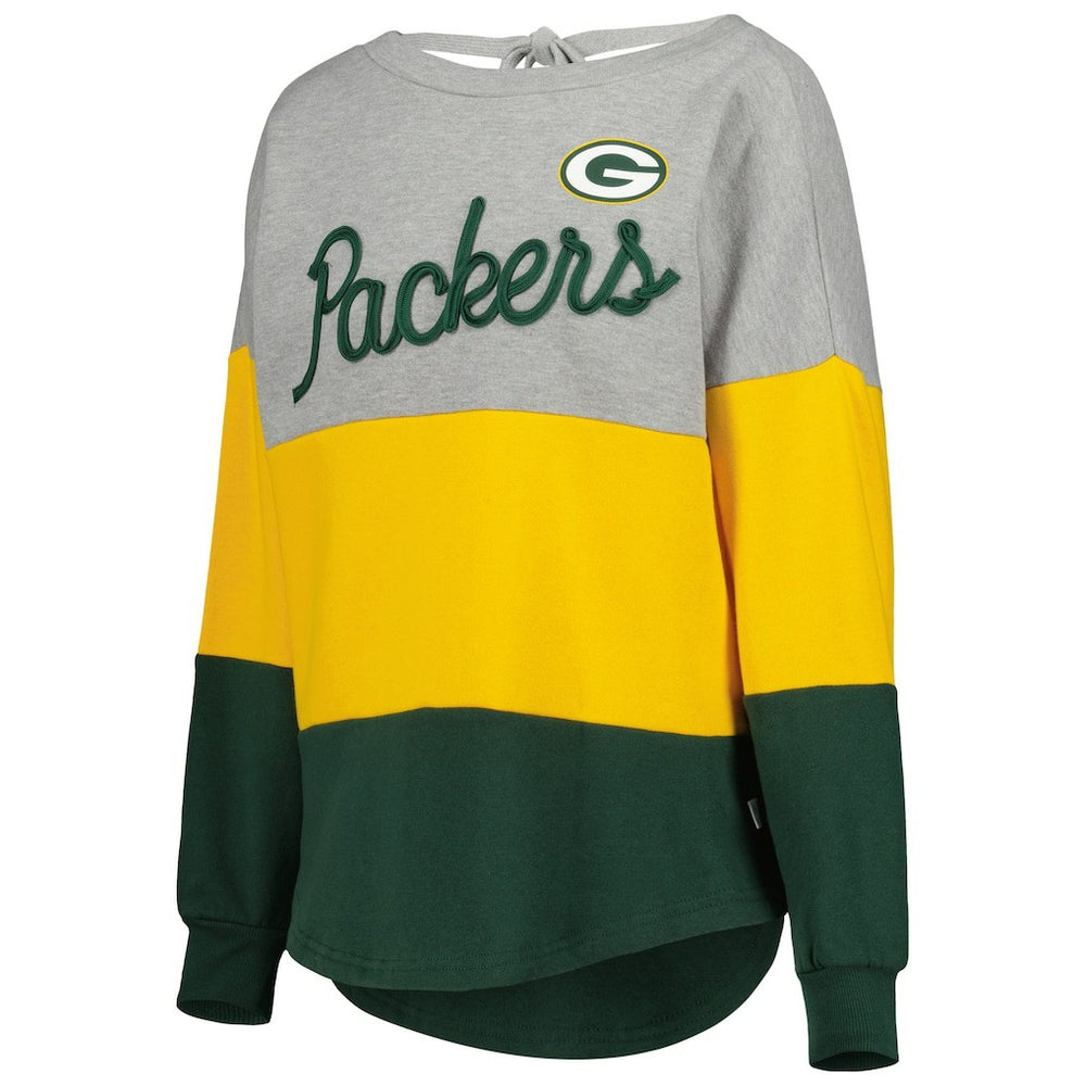 Green Bay Packers Touch Women's Outfield Deep V-Back Waist Length Pullover Sweatshirt - Heather Gray/Green Pullover