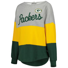 Green Bay Packers Touch Women's Outfield Deep V-Back Waist Length Pullover Sweatshirt - Heather Gray/Green Pullover