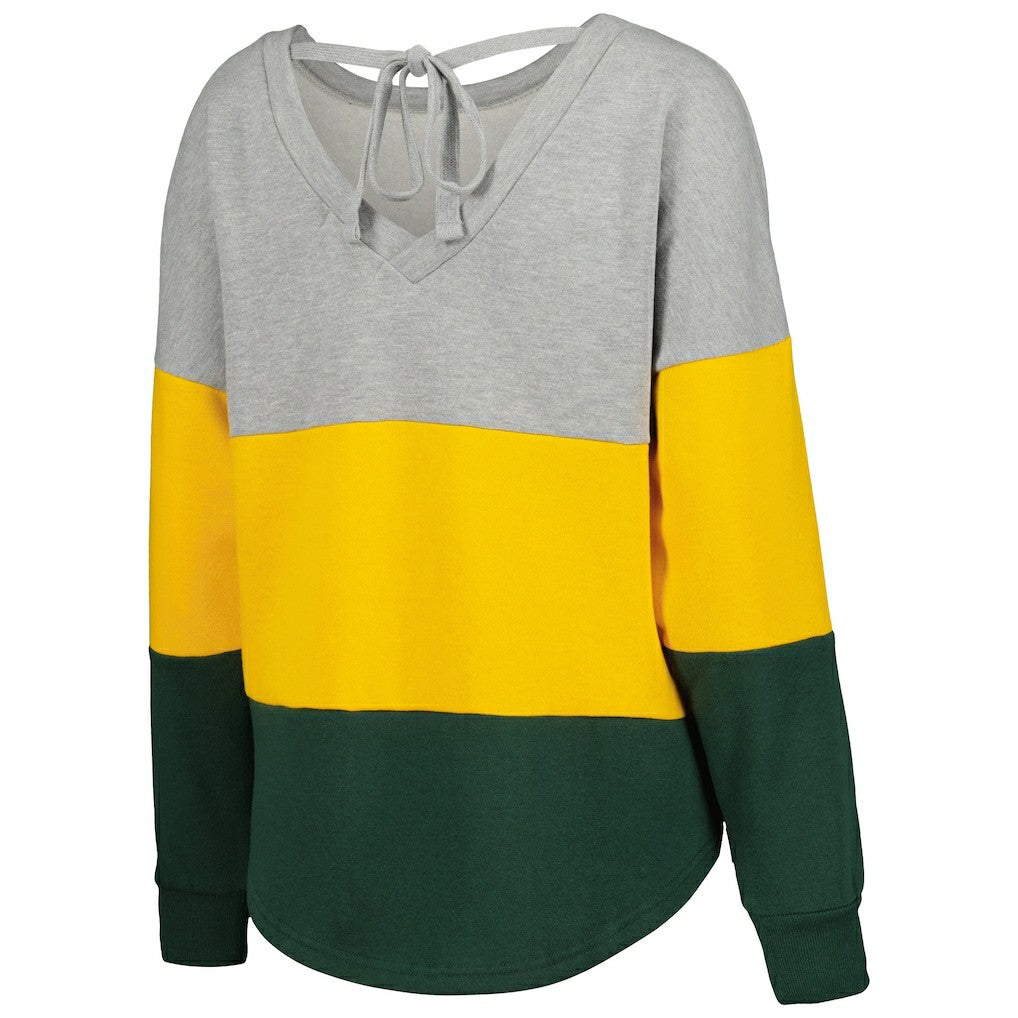 Green Bay Packers Touch Women's Outfield Deep V-Back Waist Length Pullover Sweatshirt - Heather Gray/Green Pullover