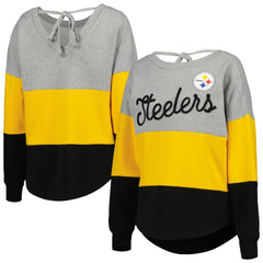 Pittsburgh Steelers Touch Women's Outfield Deep V-Back Waist Length Pullover Sweatshirt - Heather Gray/Black Pullover