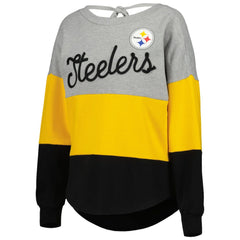 Pittsburgh Steelers Touch Women's Outfield Deep V-Back Waist Length Pullover Sweatshirt - Heather Gray/Black Pullover