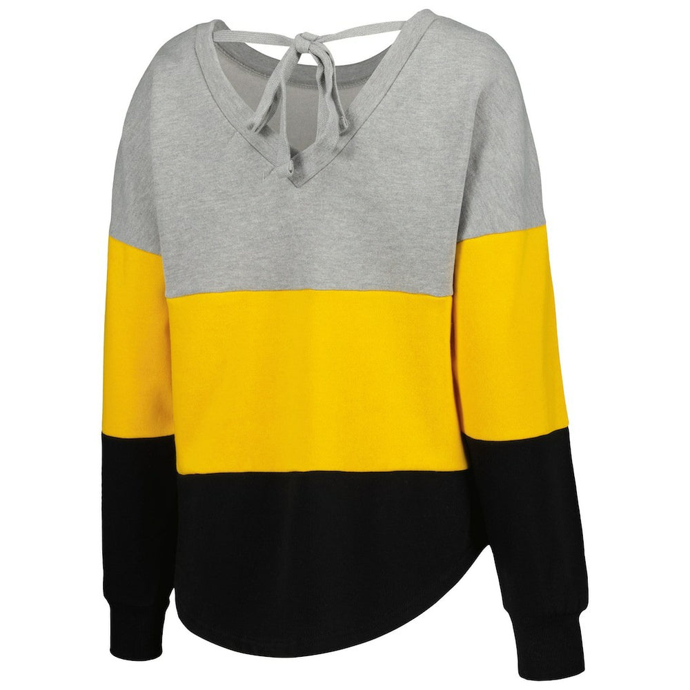 Pittsburgh Steelers Touch Women's Outfield Deep V-Back Waist Length Pullover Sweatshirt - Heather Gray/Black Pullover