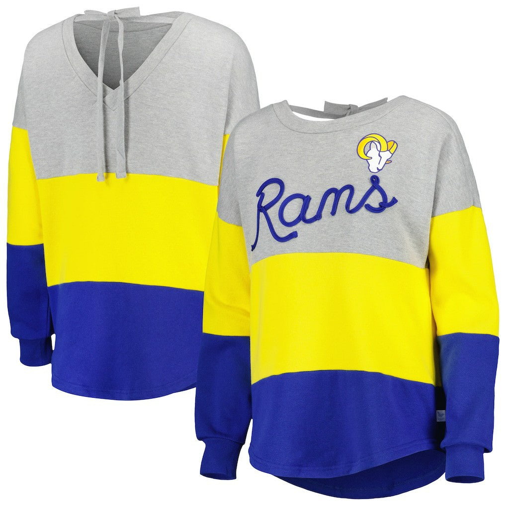 Los Angeles Rams Touch Women's Outfield Deep V-Back Waist Length Pullover Sweatshirt - Heather Gray/Royal Pullover