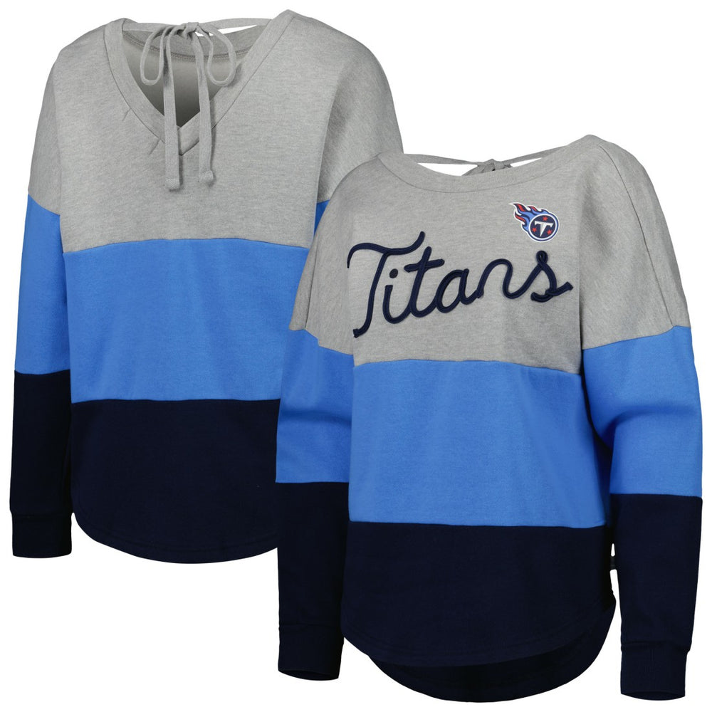 Tennessee Titans Touch Women's Outfield Deep V-Back Waist Length Pullover Sweatshirt - Heather Gray/Navy Pullover