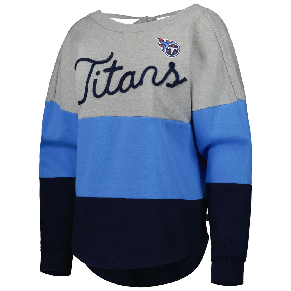 Tennessee Titans Touch Women's Outfield Deep V-Back Waist Length Pullover Sweatshirt - Heather Gray/Navy Pullover