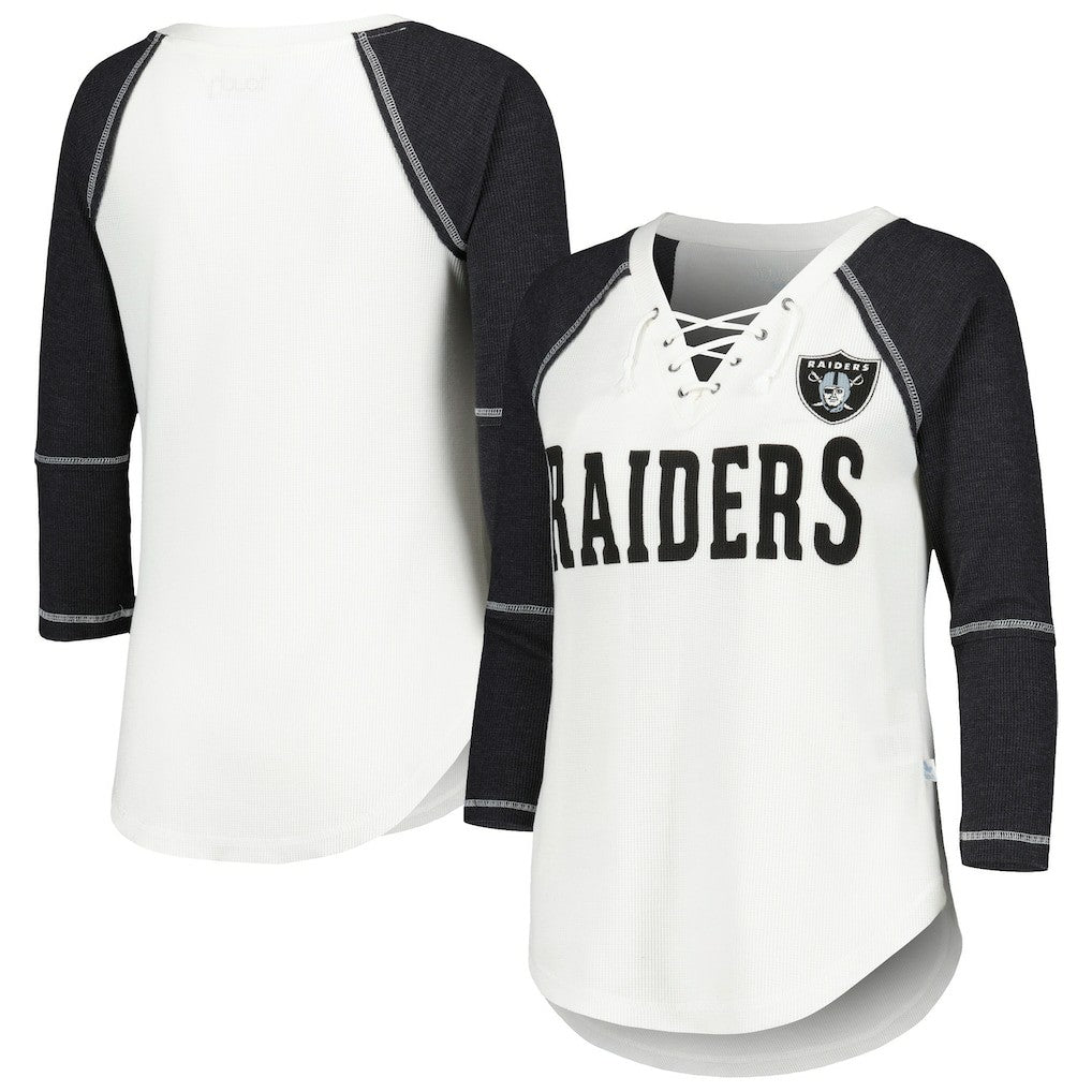 Las Vegas Raiders Touch Women's Rebel Raglan Tri-Blend 3/4-Sleeve Lace-Up V-Neck T-Shirt - White/Black T-shirts