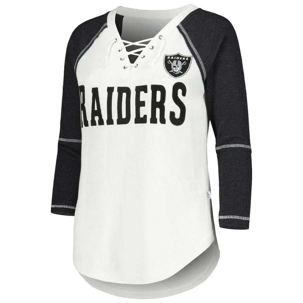Las Vegas Raiders Touch Women's Rebel Raglan Tri-Blend 3/4-Sleeve Lace-Up V-Neck T-Shirt - White/Black T-shirts
