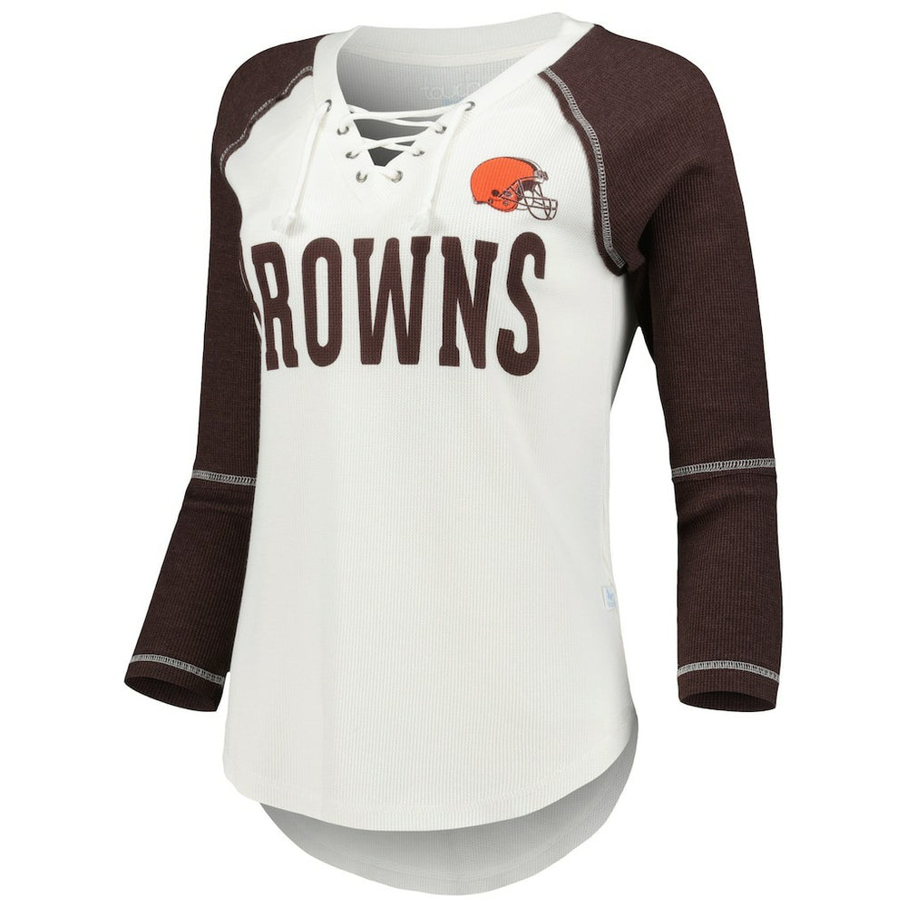 Cleveland Browns Touch Women's Rebel Raglan Tri-Blend 3/4-Sleeve Lace-Up V-Neck T-Shirt - White/Brown T-shirts