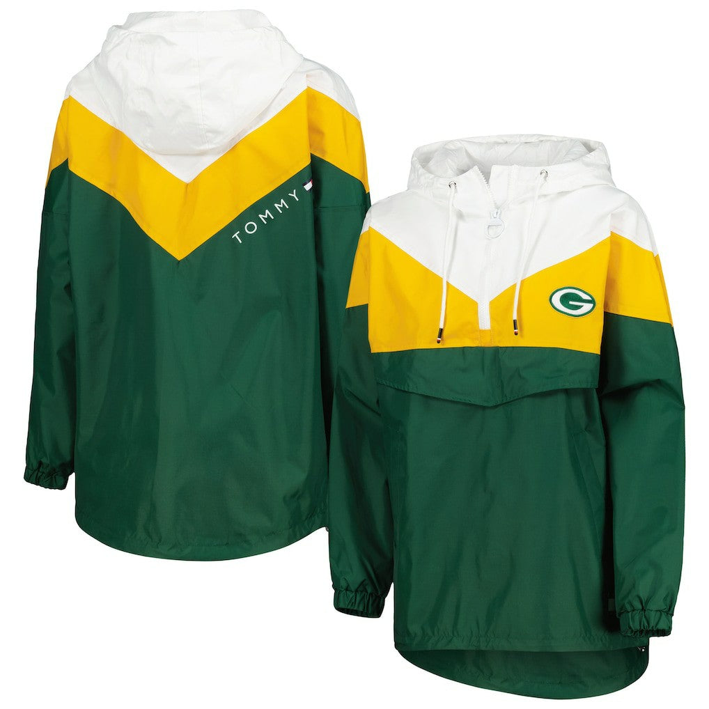 Green Bay Packers Tommy Hilfiger Women's Staci Half-Zip Hoodie Windbreaker Jacket - White/Gold Hoodies