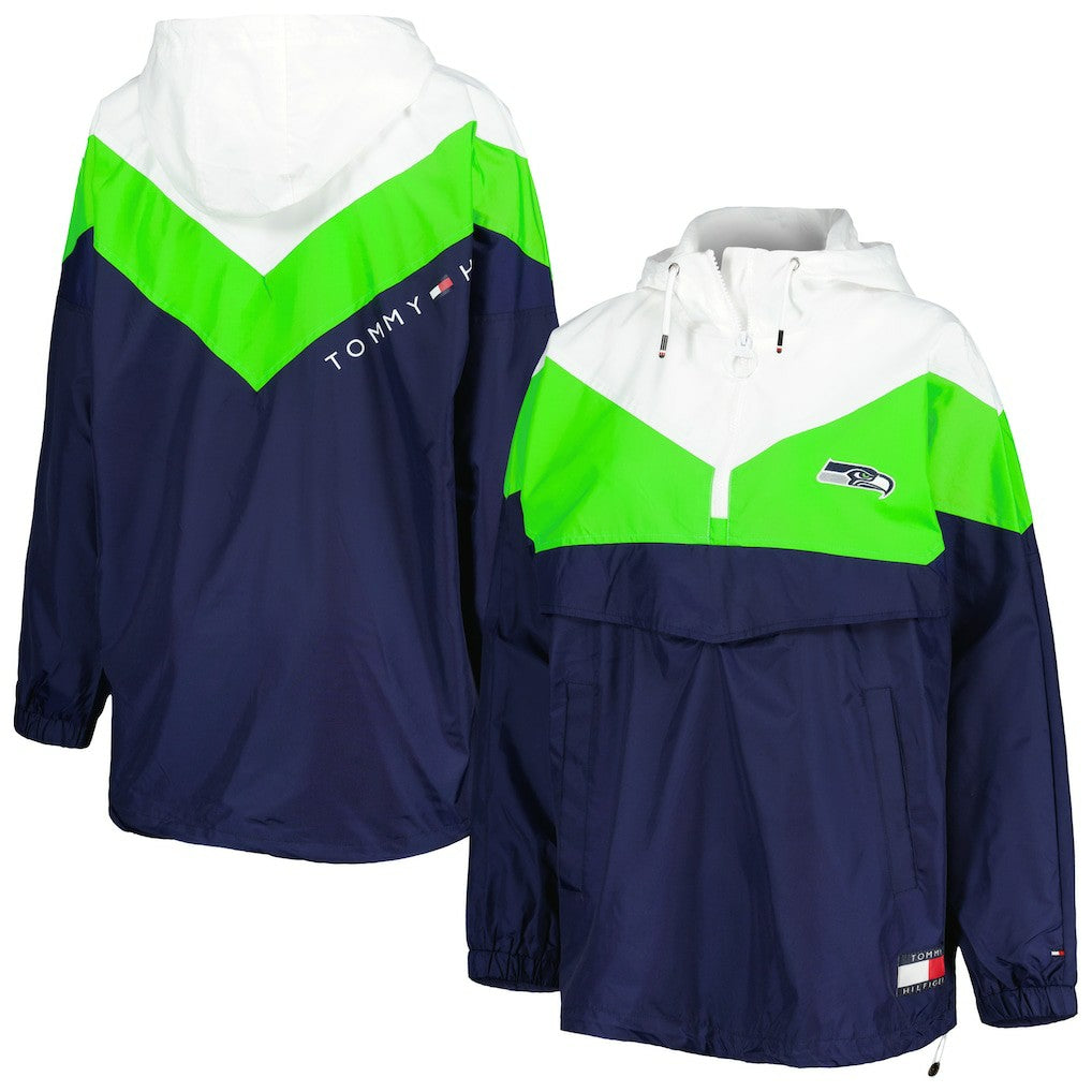Seattle Seahawks Tommy Hilfiger Women's Staci Half-Zip Hoodie Windbreaker Jacket - White/Neon Green Hoodies