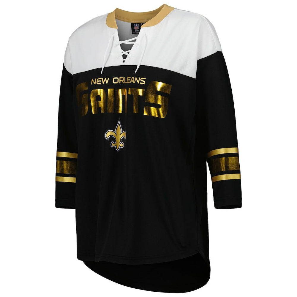 New Orleans Saints G-III 4Her by Carl Banks Women's Double Team 3/4-Sleeve Lace-Up T-Shirt - Black/White T-shirts