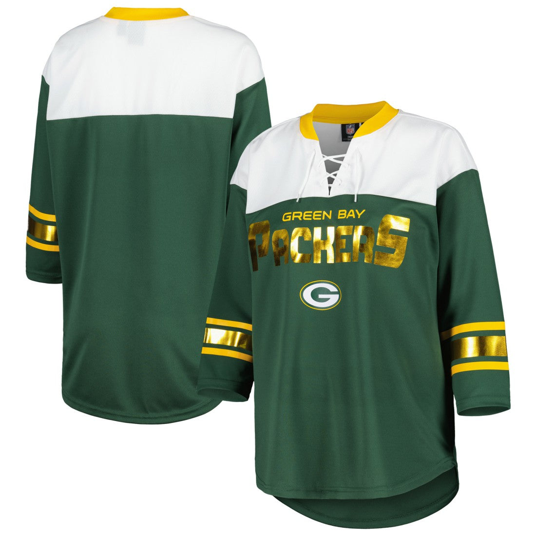 Green Bay Packers G-III 4Her by Carl Banks Women's Double Team 3/4-Sleeve Lace-Up T-Shirt - Green/White T-shirts