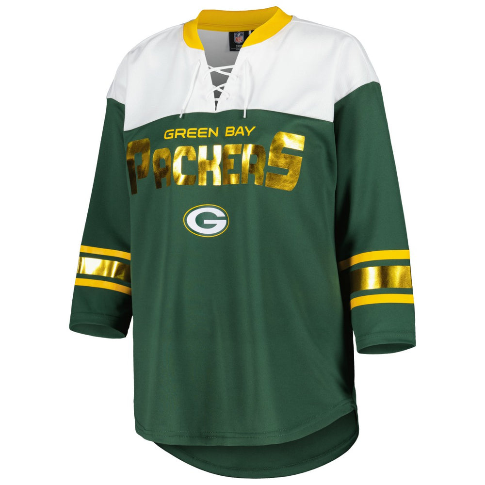 Green Bay Packers G-III 4Her by Carl Banks Women's Double Team 3/4-Sleeve Lace-Up T-Shirt - Green/White T-shirts