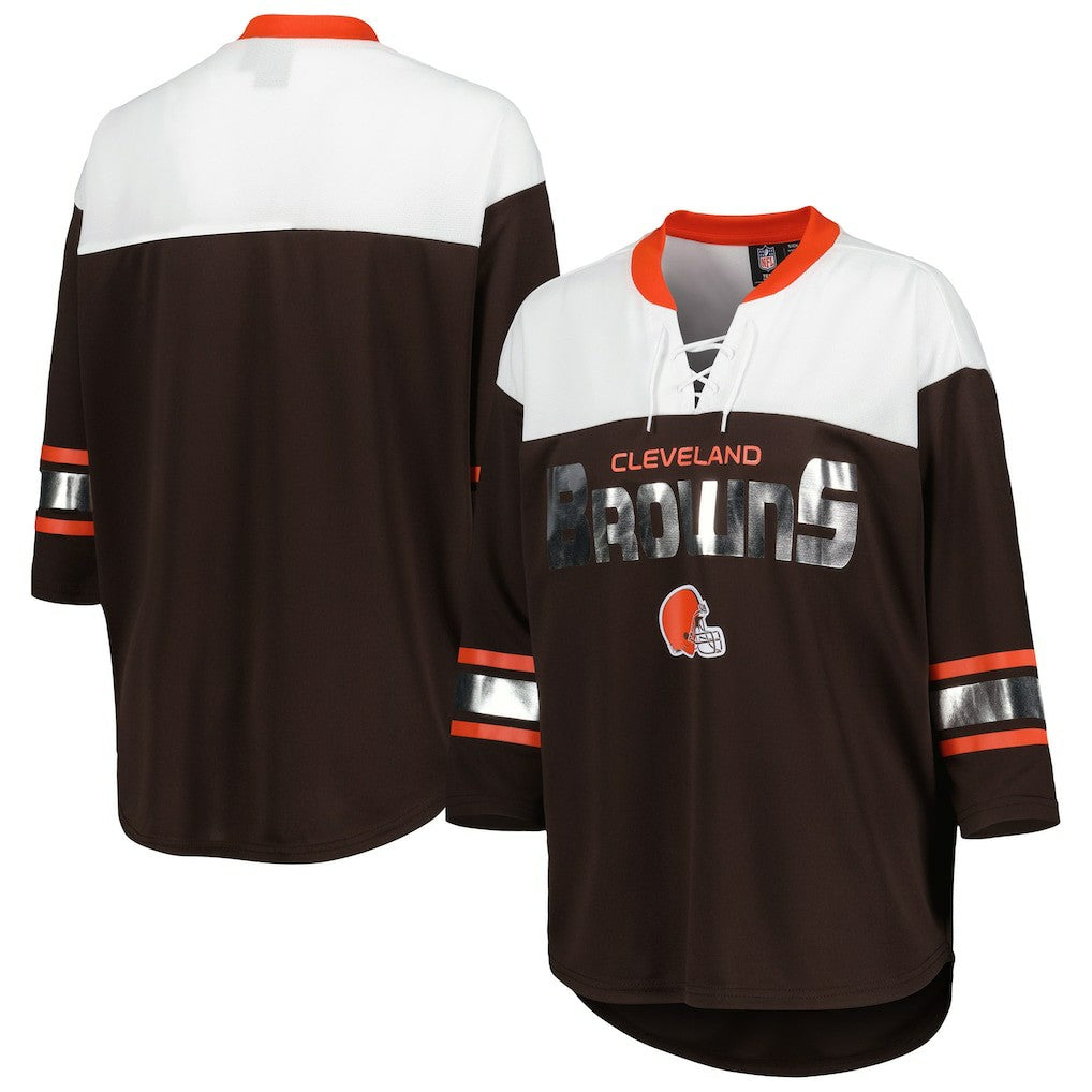 Cleveland Browns G-III 4Her by Carl Banks Women's Double Team 3/4-Sleeve Lace-Up T-Shirt - Brown/White T-shirts