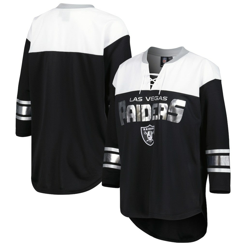 Las Vegas Raiders G-III 4Her by Carl Banks Women's Double Team 3/4-Sleeve Lace-Up T-Shirt - Black/White T-shirts