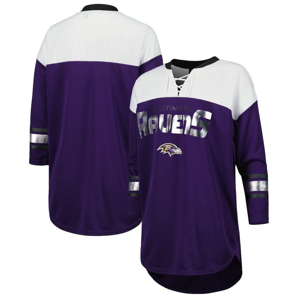 Baltimore Ravens G-III 4Her by Carl Banks Women's Double Team 3/4-Sleeve Lace-Up T-Shirt - Purple/White T-shirts