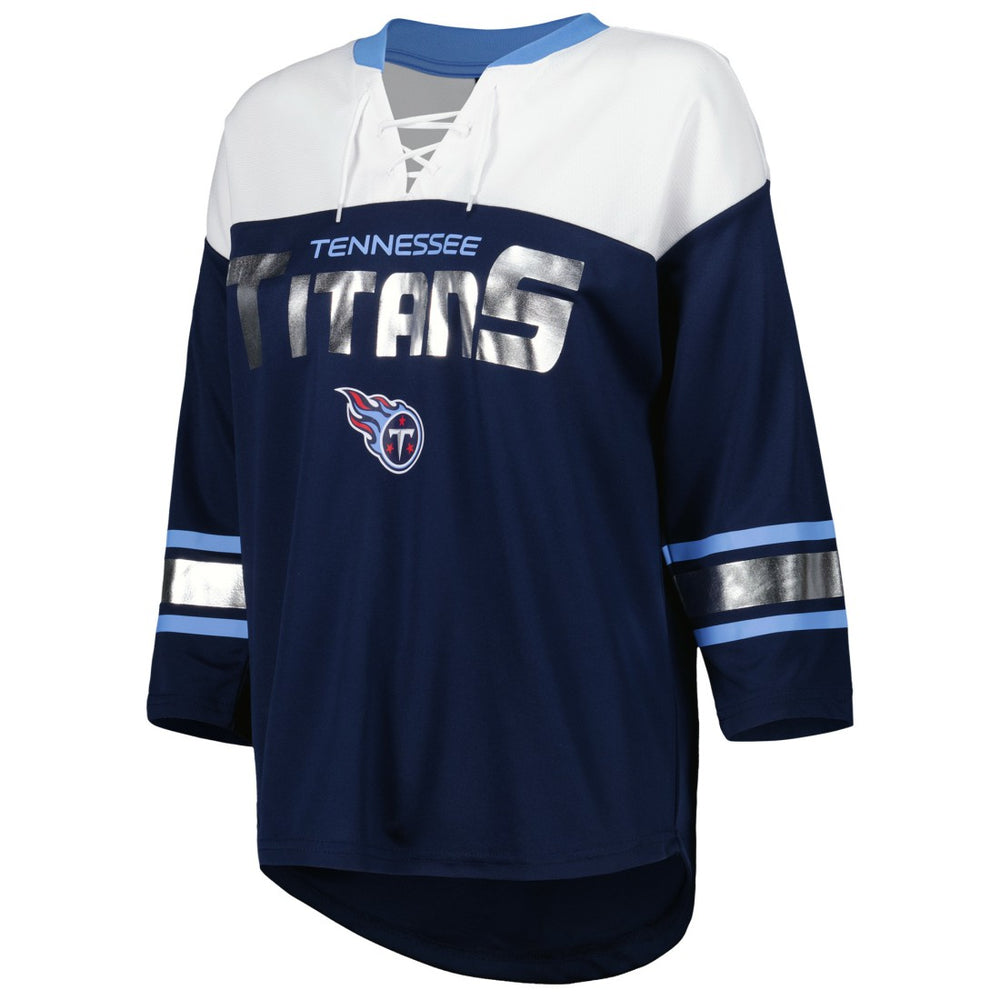 Tennessee Titans G-III 4Her by Carl Banks Women's Double Team 3/4-Sleeve Lace-Up T-Shirt - Navy/White T-shirts
