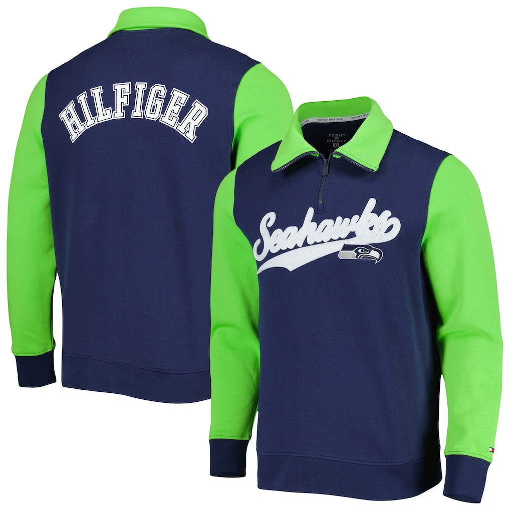 Seattle Seahawks Tommy Hilfiger Aiden Quarter-Zip Sweatshirt - College Navy/Neon Green Sweatshirts