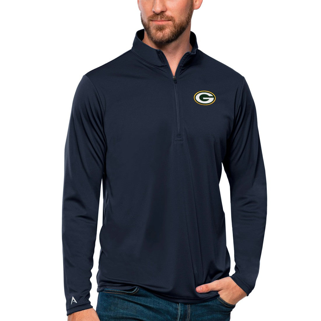 Green Bay Packers Antigua Tribute Quarter-Zip Lightweight Pullover Top - Navy Pullover