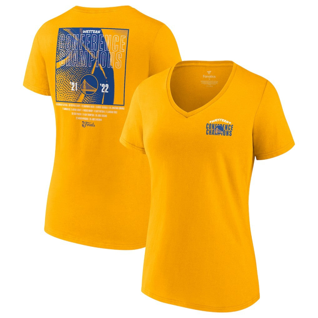 Golden State Warriors Women's 2022 Western Conference Champions Balanced Attack Roster V-Neck T-Shirt Gold - Fanatics