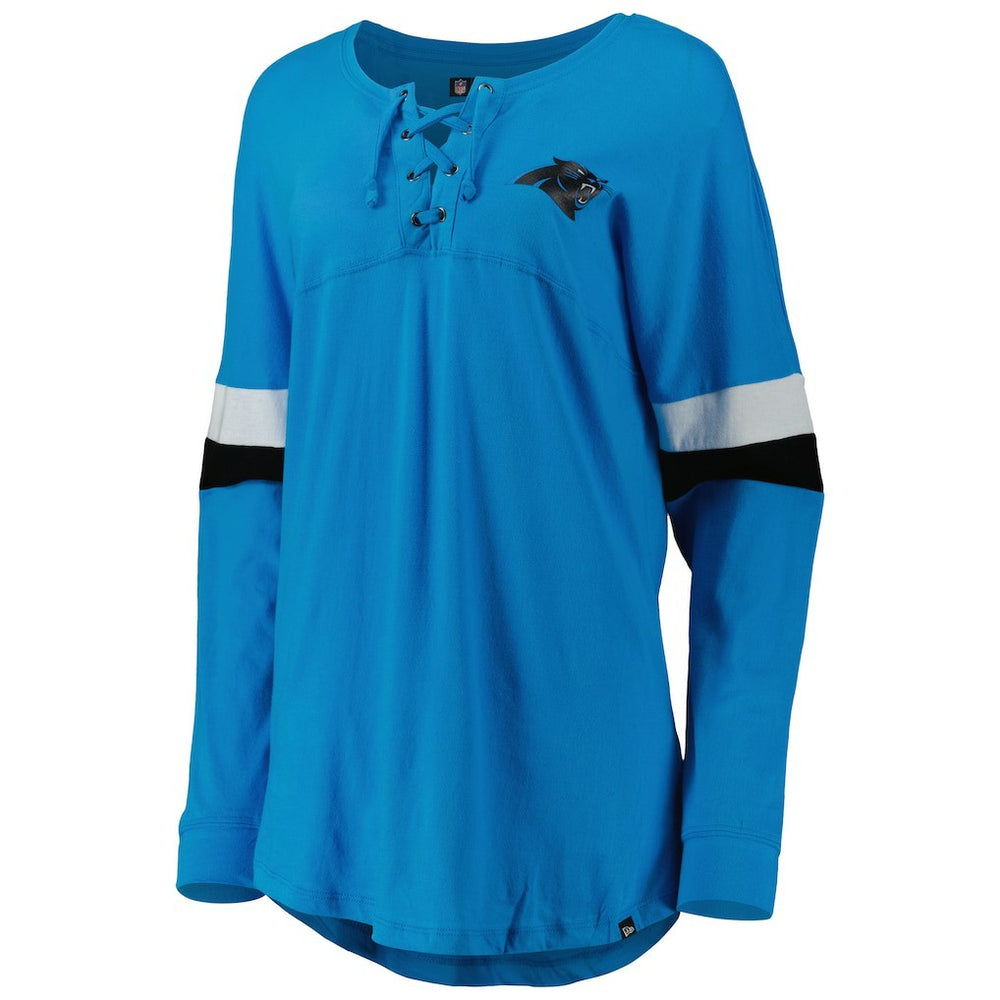Carolina Panthers New Era Women's Athletic Varsity Lace-Up Lightweight Long Sleeve T-Shirt - Blue T-shirts