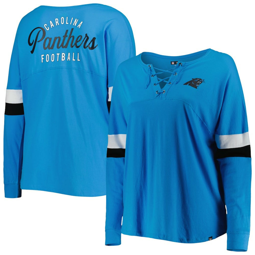 Carolina Panthers New Era Women's Plus Size Athletic Varsity Lace-Up V-Neck Long Sleeve T-Shirt - Blue T-shirts