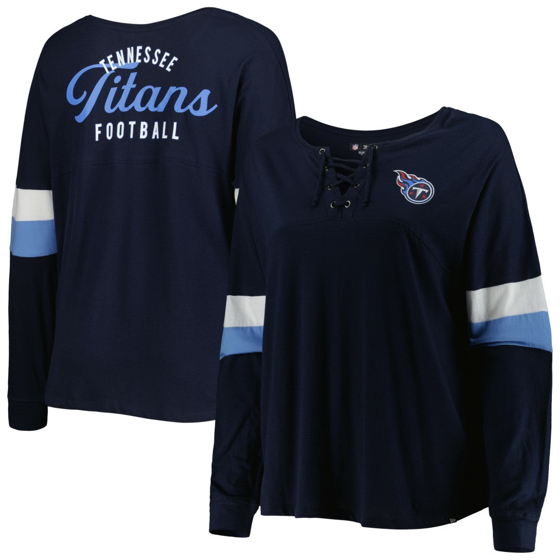 Tennessee Titans New Era Women's Plus Size Athletic Varsity Lace-Up V-Neck Long Sleeve T-Shirt - Navy T-shirts