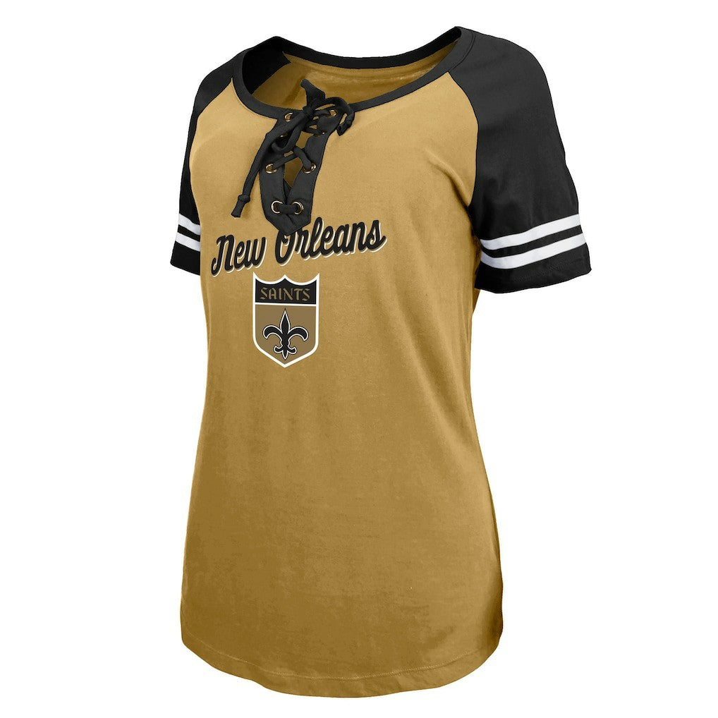 New Orleans Saints New Era Women's Legacy Lace-Up Raglan T-Shirt - Gold/Black T-shirts