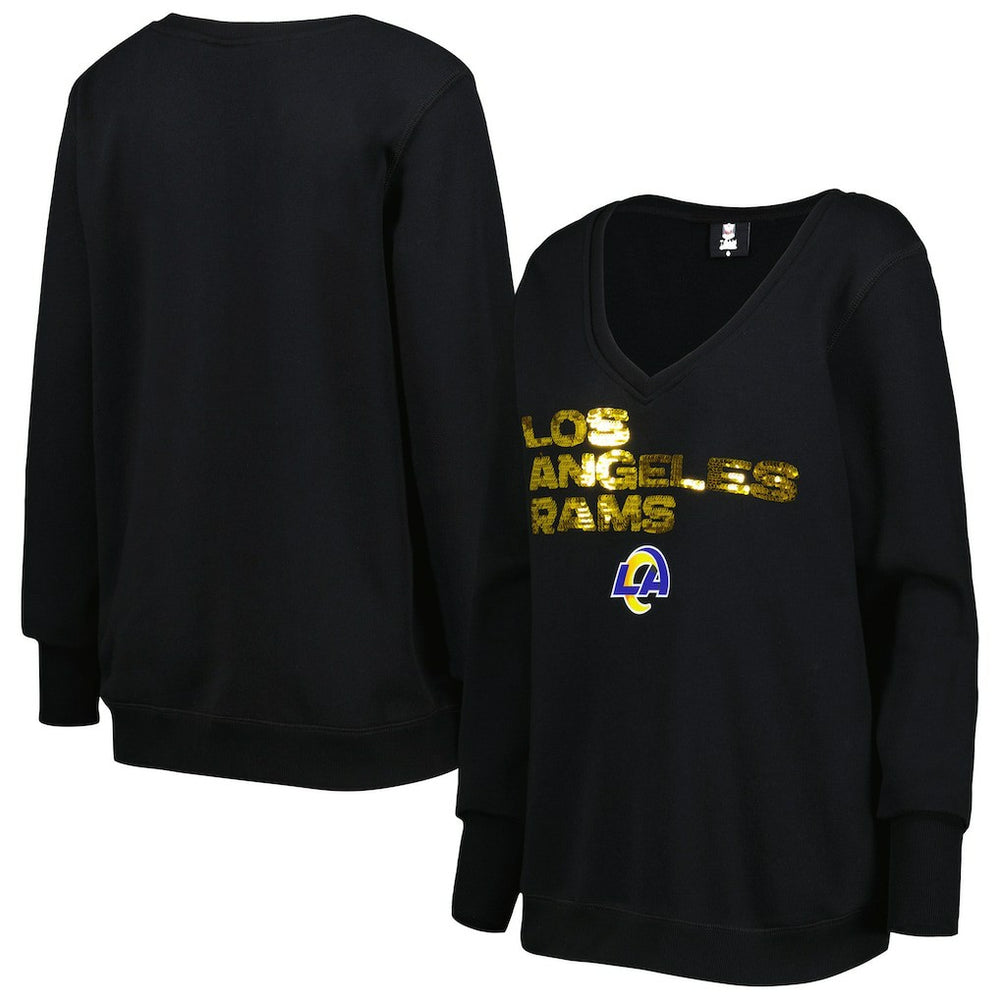 Los Angeles Rams Cuce Women's Sequin Logo V-Neck Pullover Sweatshirt - Black Pullover