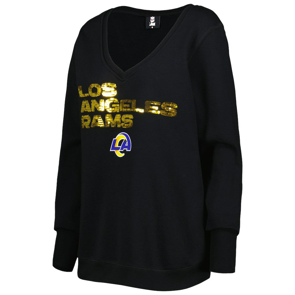 Los Angeles Rams Cuce Women's Sequin Logo V-Neck Pullover Sweatshirt - Black Pullover