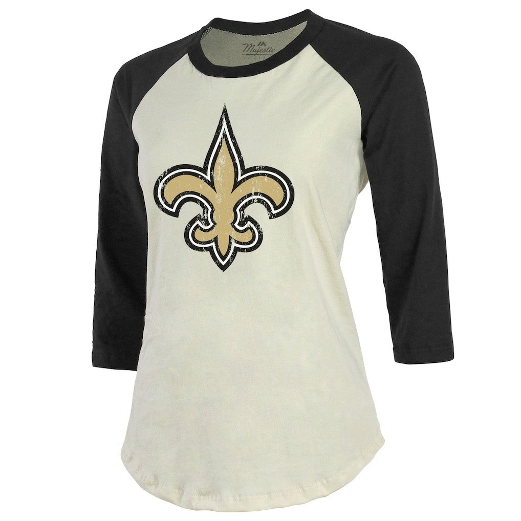 Tyrann Mathieu New Orleans Saints Majestic Threads Women's Player Name & Number Tri-Blend Three-Quarter Sleeve T-Shirt - Cream T-shirts
