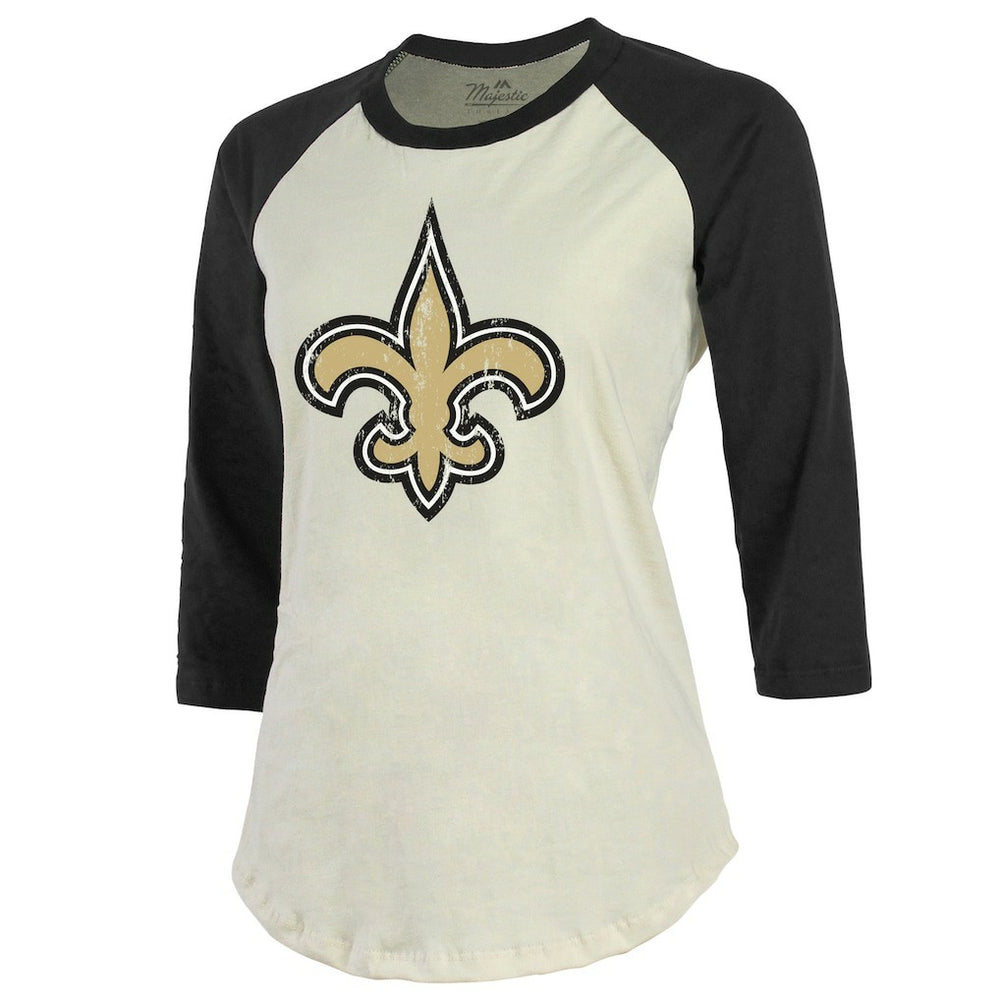 Tyrann Mathieu New Orleans Saints Majestic Threads Women's Player Name & Number Tri-Blend Three-Quarter Sleeve T-Shirt - Cream T-shirts