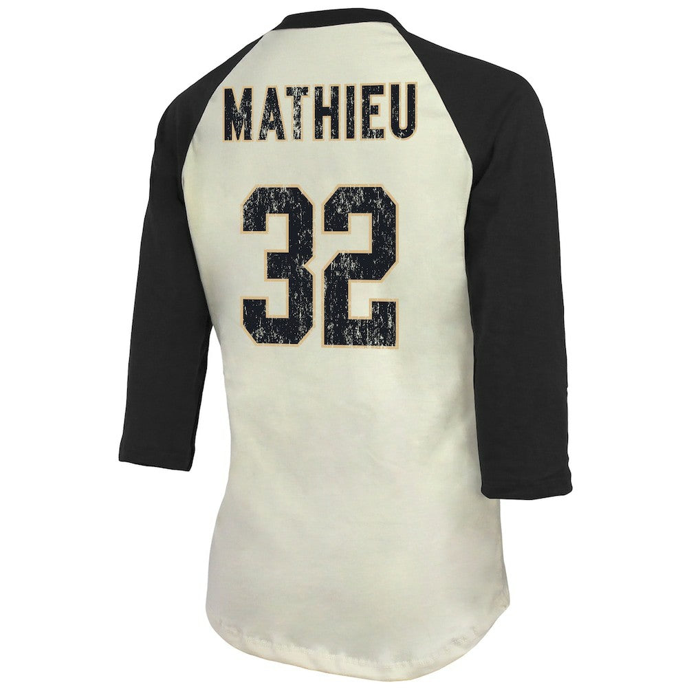 Tyrann Mathieu New Orleans Saints Majestic Threads Women's Player Name & Number Tri-Blend Three-Quarter Sleeve T-Shirt - Cream T-shirts