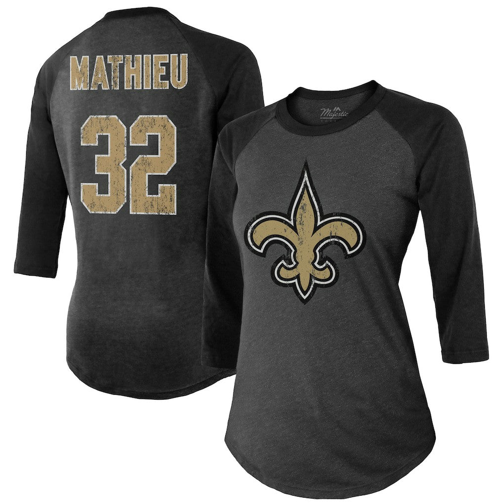 Tyrann Mathieu New Orleans Saints Majestic Threads Women's Name & Number Raglan 3/4 Sleeve T-Shirt - Black T-shirts