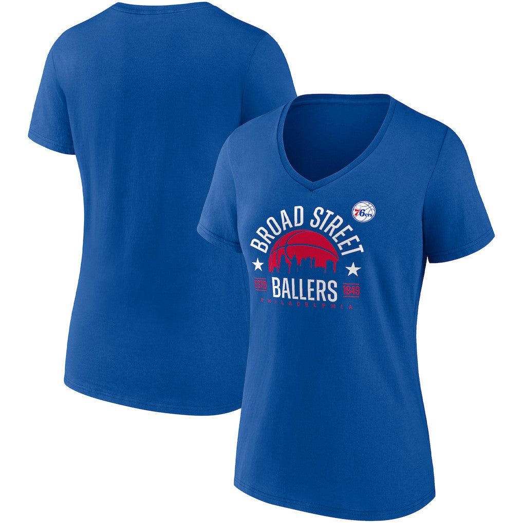 Philadelphia 76ers Women's Hometown Collection Broad Street Ballers V-Neck T-Shirt Royal - Fanatics