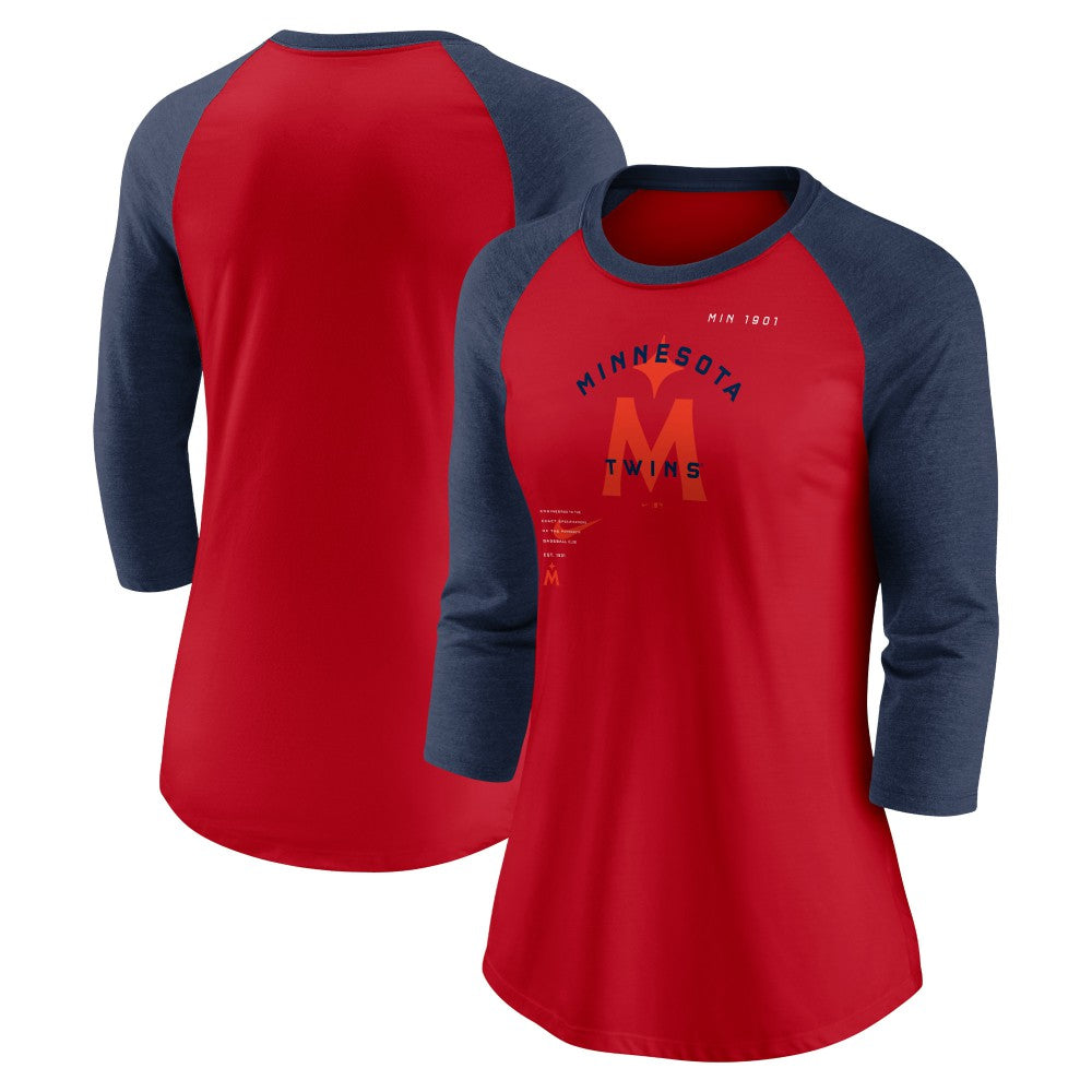 Minnesota Twins Nike Women's Next Up Tri-Blend Raglan 3/4-Sleeve T-Shirt - Red/Navy T-shirts