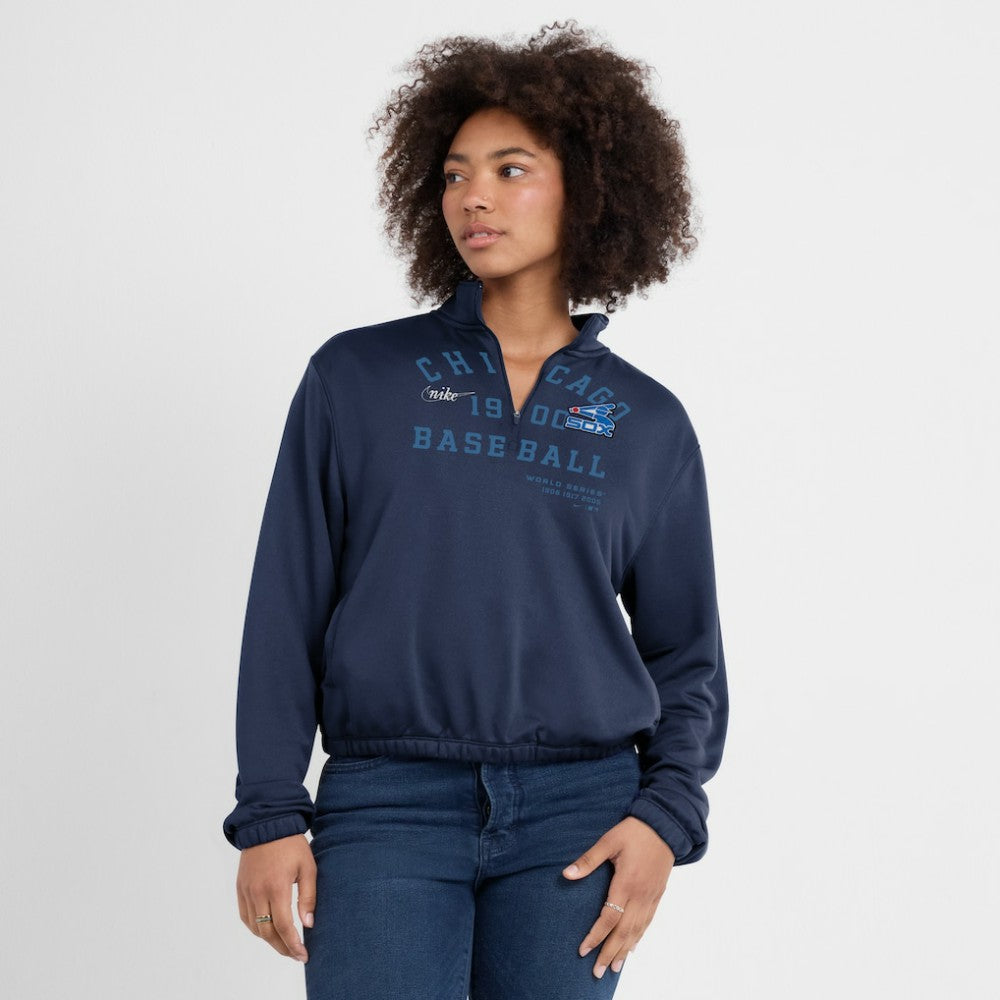 Chicago White Sox Nike Women's Rewind Splice Half-Zip Semi-Cropped Bubble Hem Sweatshirt - Navy Sweatshirts