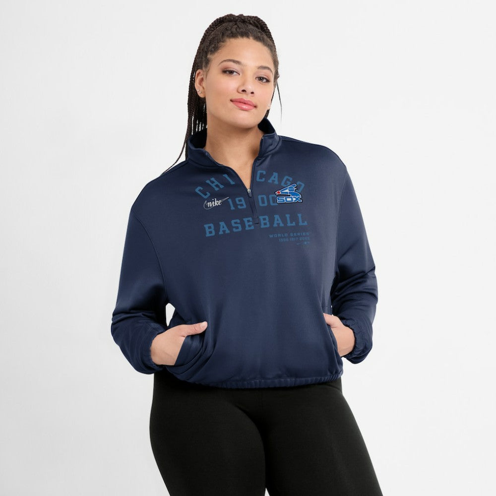 Chicago White Sox Nike Women's Rewind Splice Half-Zip Semi-Cropped Bubble Hem Sweatshirt - Navy Sweatshirts