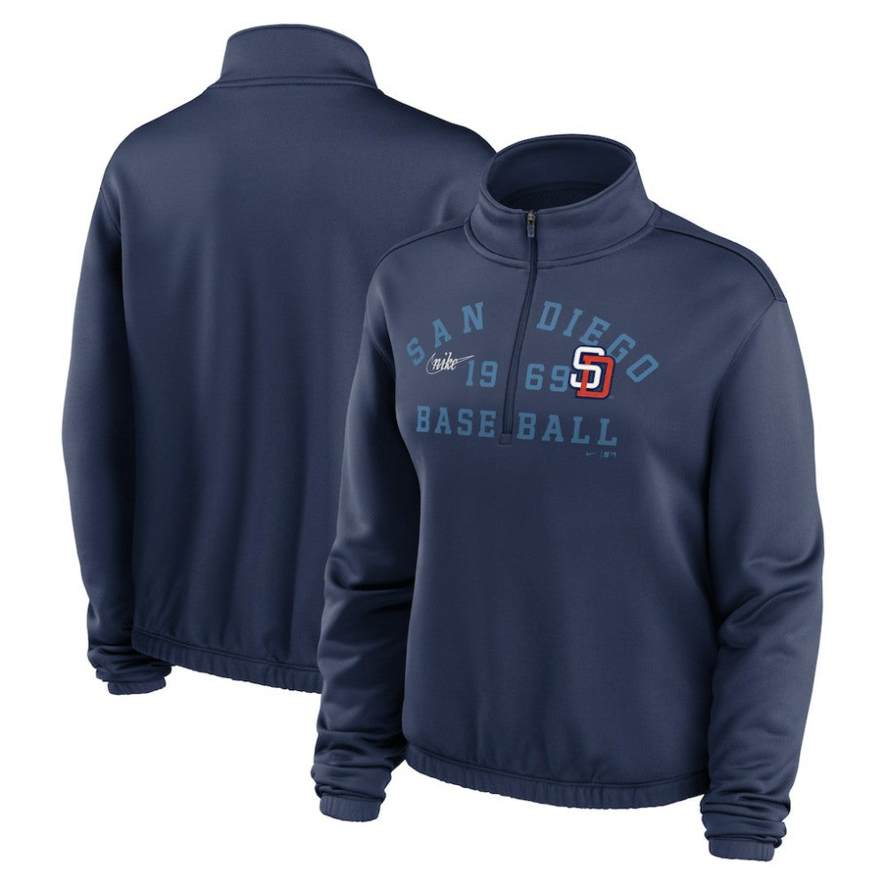 San Diego Padres Nike Women's Rewind Splice Half-Zip Semi-Cropped Bubble Hem Sweatshirt - Navy Sweatshirts