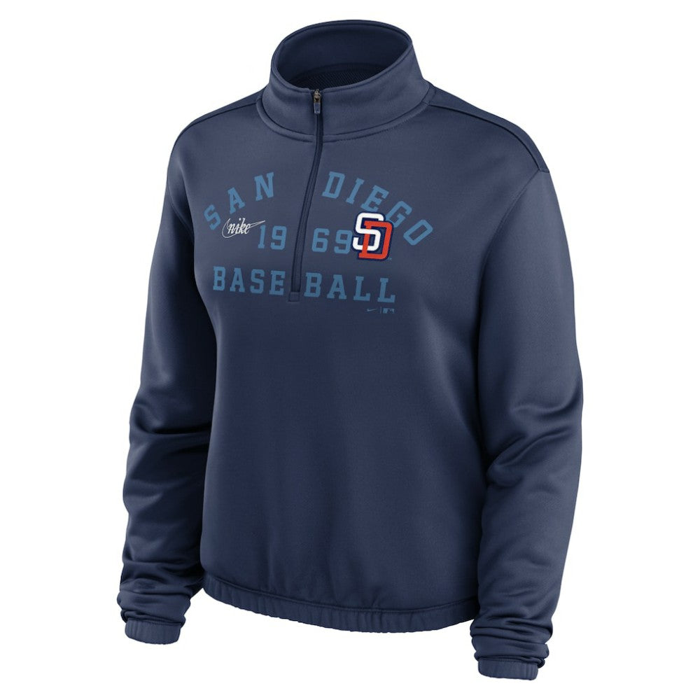 San Diego Padres Nike Women's Rewind Splice Half-Zip Semi-Cropped Bubble Hem Sweatshirt - Navy Sweatshirts