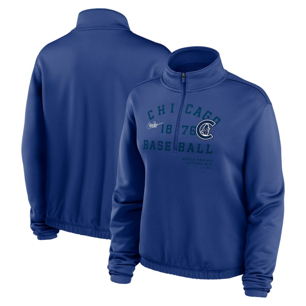 Chicago Cubs Nike Women's Rewind Splice Half-Zip Semi-Cropped Bubble Hem Sweatshirt - Royal Sweatshirts