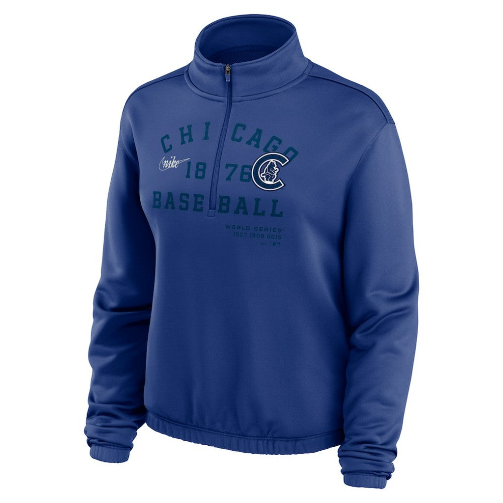 Chicago Cubs Nike Women's Rewind Splice Half-Zip Semi-Cropped Bubble Hem Sweatshirt - Royal Sweatshirts