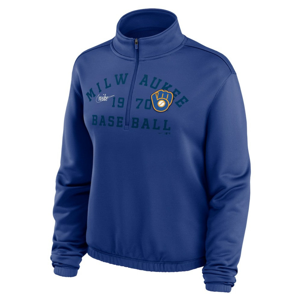 Milwaukee Brewers Nike Women's Rewind Splice Half-Zip Semi-Cropped Bubble Hem Sweatshirt - Royal Sweatshirts