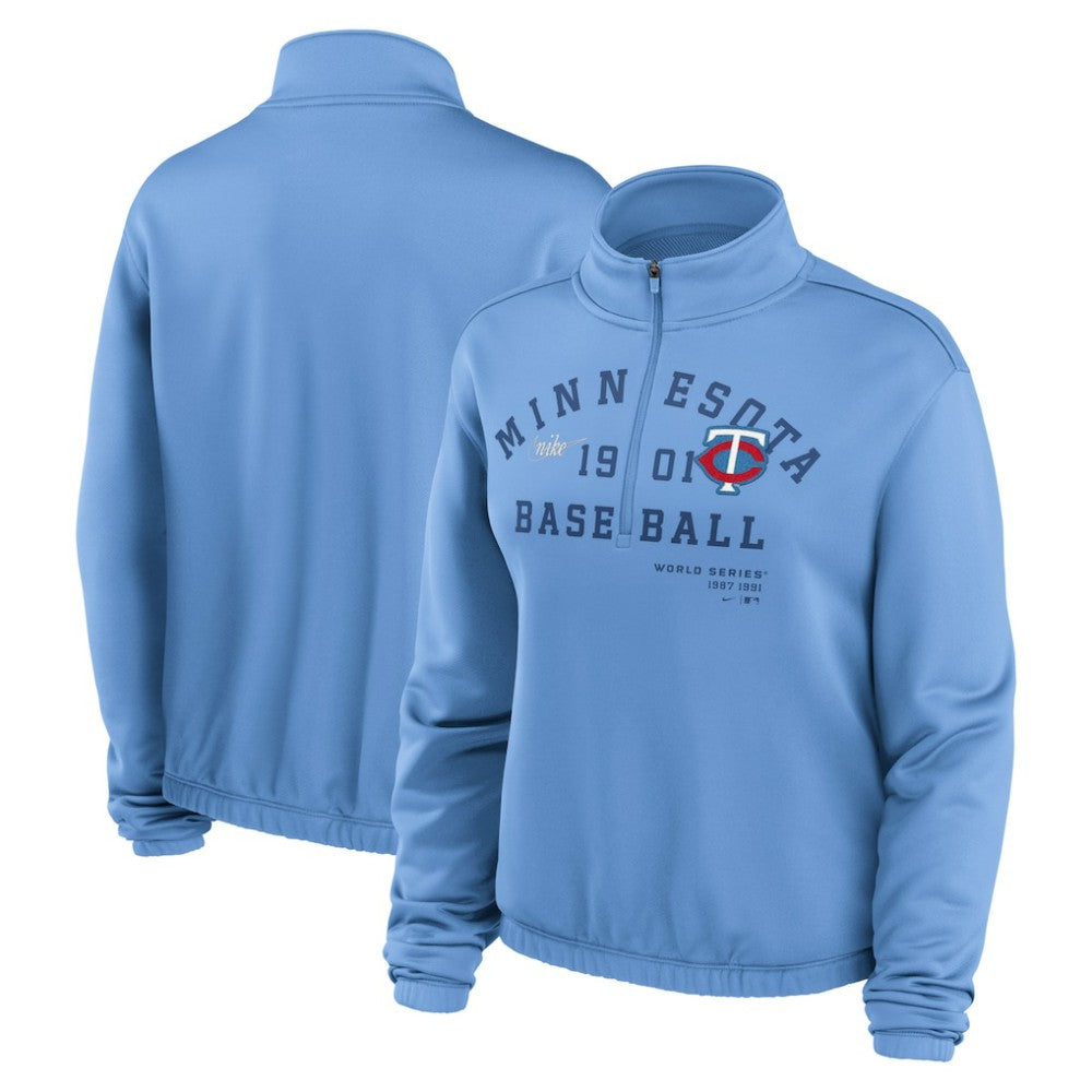 Minnesota Twins Nike Women's Rewind Splice Half-Zip Semi-Cropped Bubble Hem Sweatshirt - Light Blue Sweatshirts