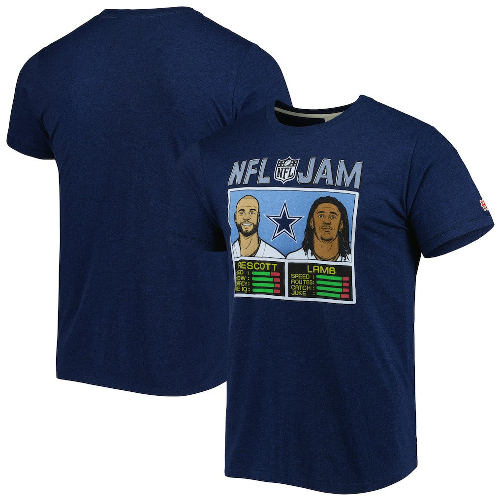 CeeDee Lamb & Dak Prescott Dallas Cowboys Homage Unisex NFL Jam Tri-Blend T-Shirt - Heathered Navy T-shirts